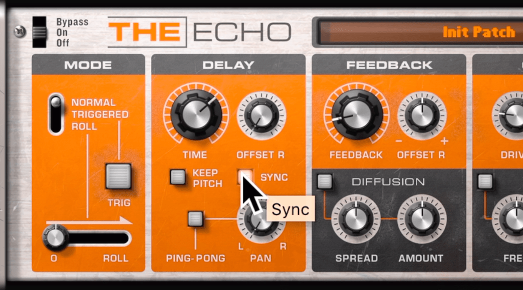 Reason 裡面的「The Echo」效果：按下 Sync 按鈕就可以變成用「音符長度」來設定時間。
