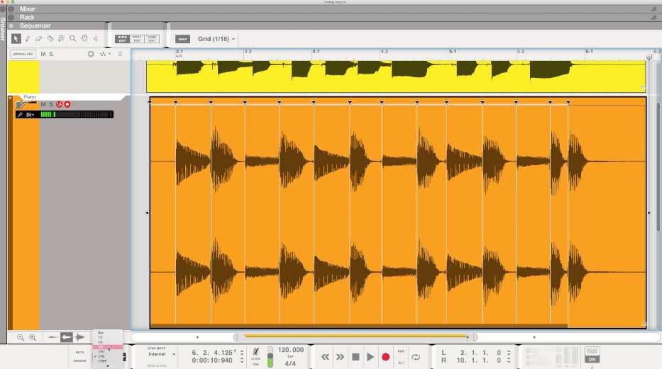 Reason 的 Slice Edit 功能，會自動標記每個聲音發出的瞬間，所以你可以調整它們的時間