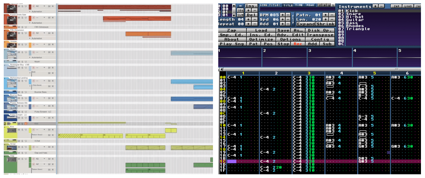 左：現代最普遍的編曲軟體介面（Reason）| 右：1980 年代晚期最普遍的編曲介面（MilkyTracker）